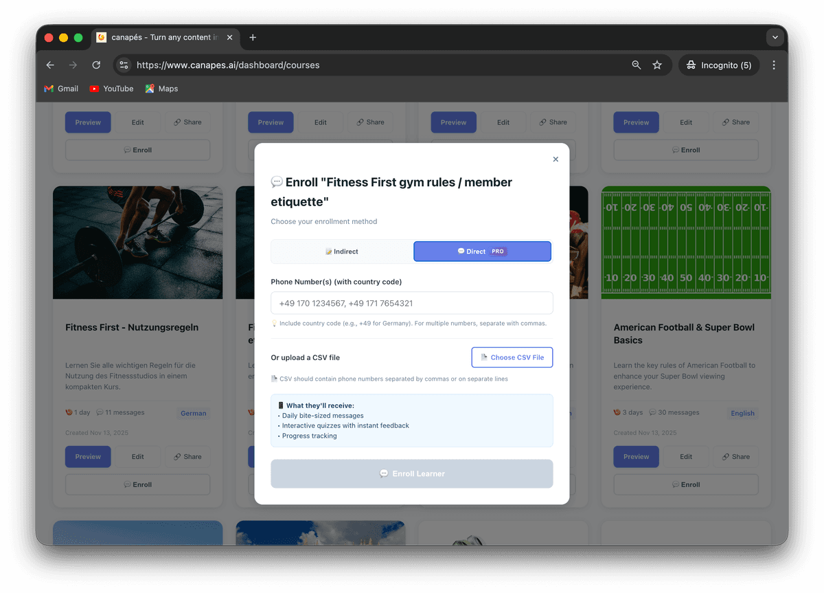 Share course interface